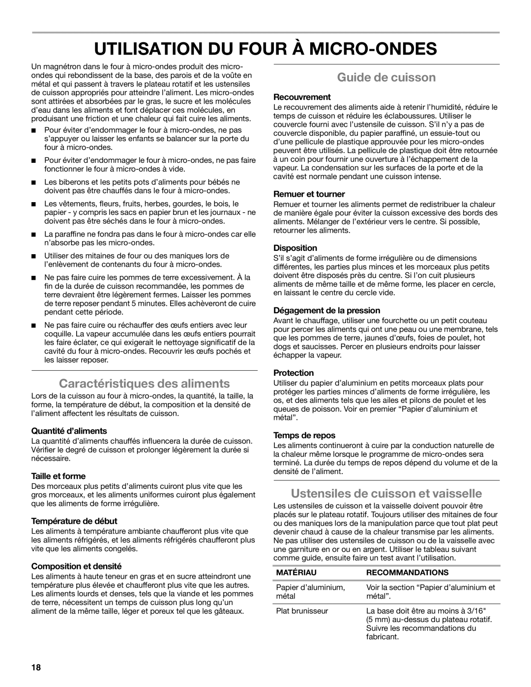 Whirlpool WMC10007 manual Utilisation DU Four À MICRO-ONDES, Caractéristiques des aliments, Guide de cuisson 