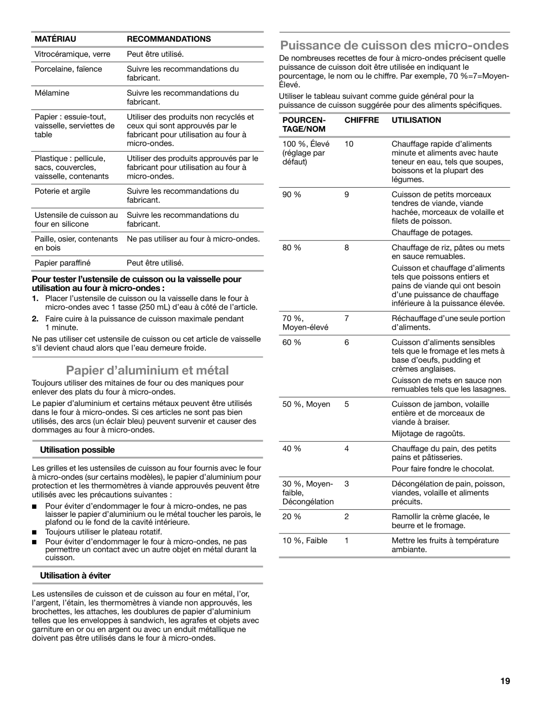 Whirlpool WMC10007 manual Papier d’aluminium et métal, Puissance de cuisson des micro-ondes, Utilisation possible 