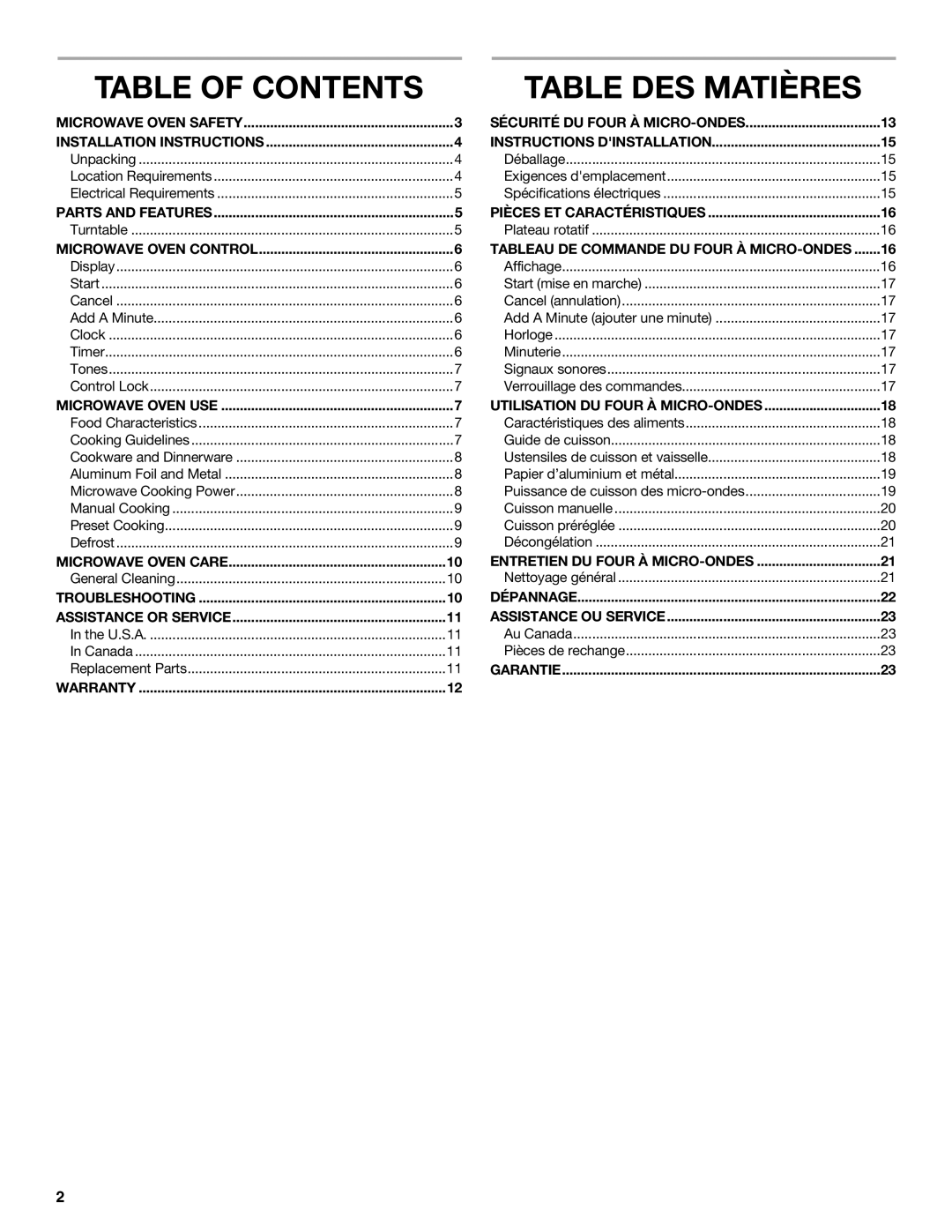 Whirlpool WMC10007 manual Table of Contents Table DES Matières 