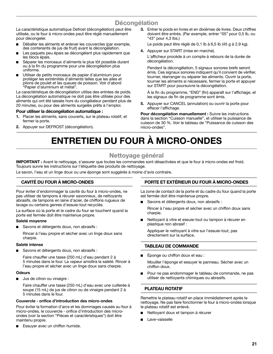 Whirlpool WMC10007 manual Entretien DU Four À MICRO-ONDES, Décongélation, Nettoyage général 