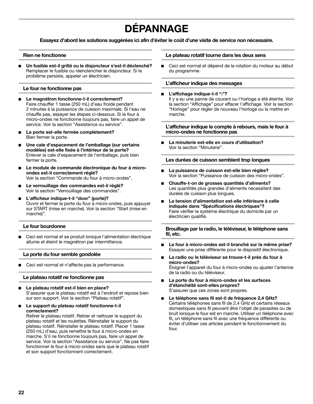 Whirlpool WMC10007 manual Dépannage 