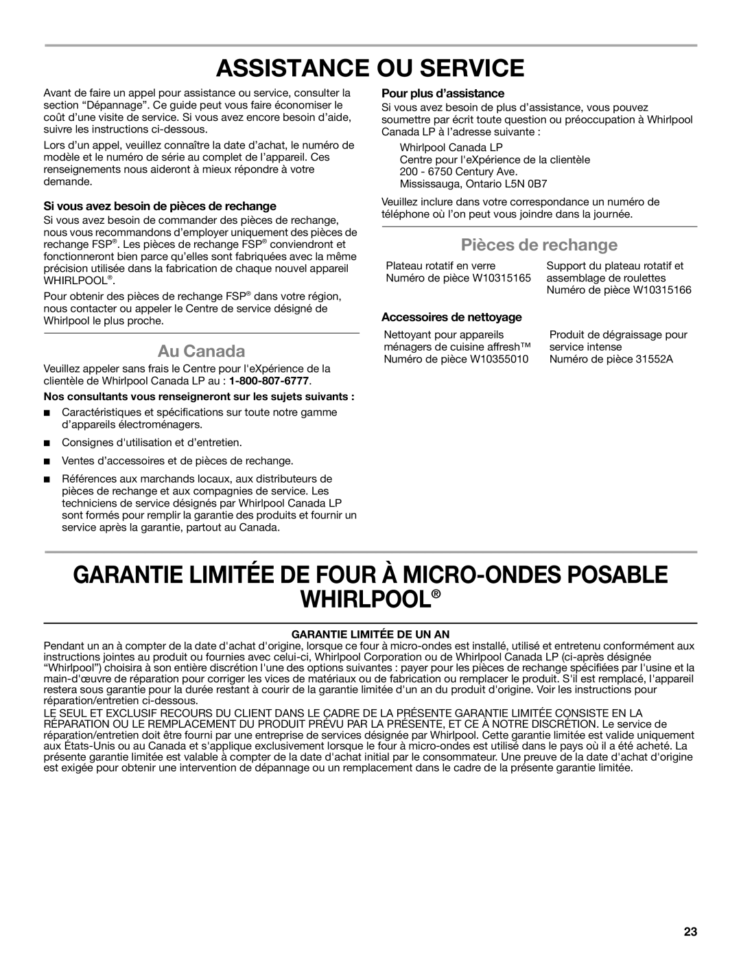 Whirlpool WMC10007 manual Assistance OU Service, Whirlpool, Au Canada, Pièces de rechange 