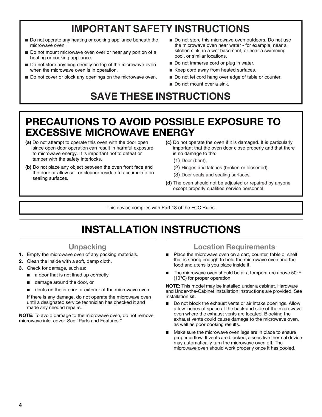 Whirlpool WMC10007 manual Installation Instructions, Unpacking 