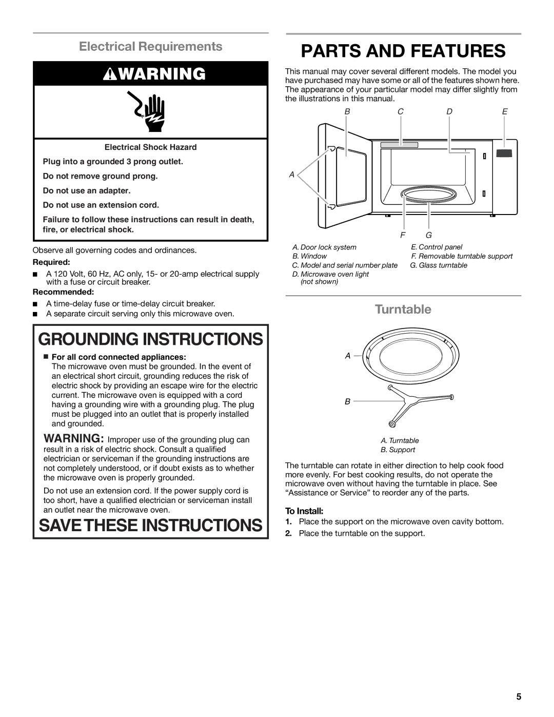 Whirlpool WMC10007 Parts and Features, Grounding Instructions, Savethese Instructions, Electrical Requirements, Turntable 