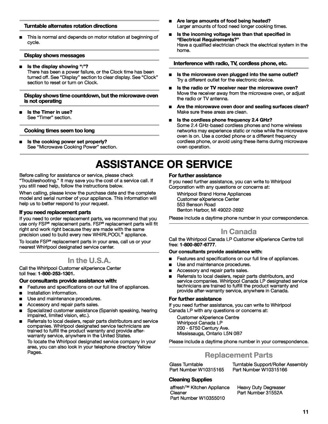 Whirlpool WMC10007 manual Assistance Or Service, In the U.S.A, In Canada, Replacement Parts 