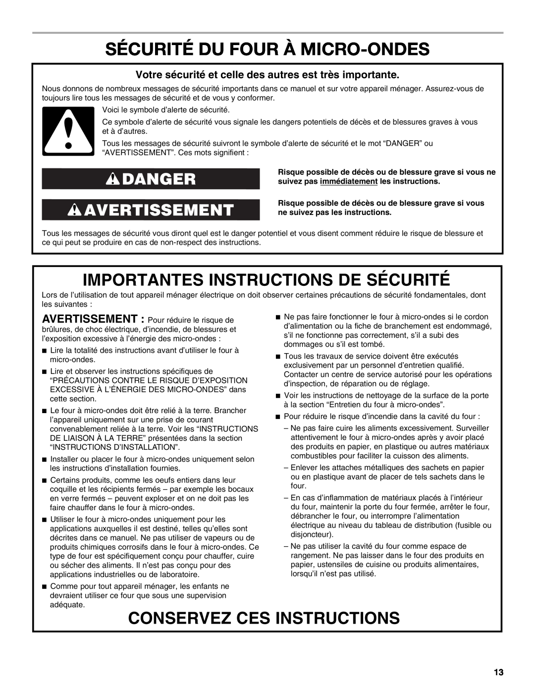 Whirlpool WMC10007 manual Sécurité Du Four À Micro-Ondes, Importantes Instructions De Sécurité, Conservez Ces Instructions 