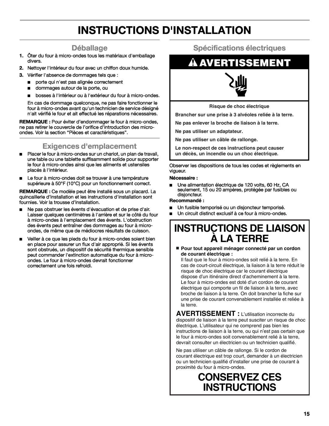 Whirlpool WMC10007 manual Instructions Dinstallation, Instructions De Liaison À La Terre, Avertissement, Déballage 