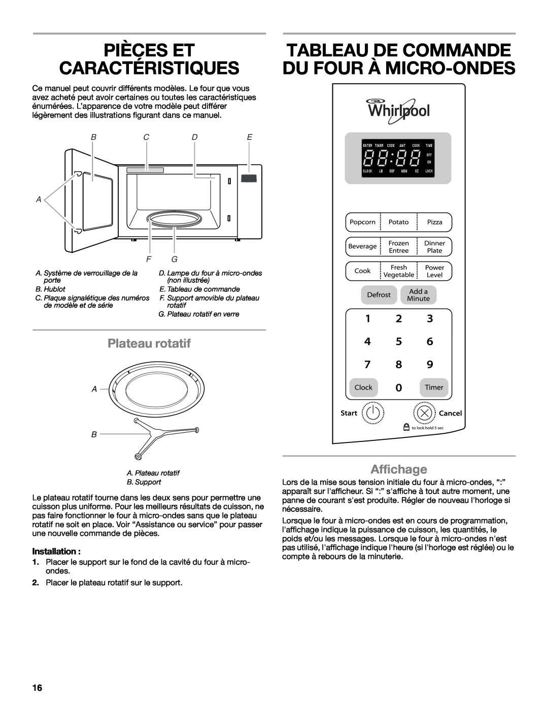 Whirlpool WMC10007 manual Pièces Et Caractéristiques, Tableau De Commande Du Four À Micro-Ondes, Plateau rotatif, Affichage 