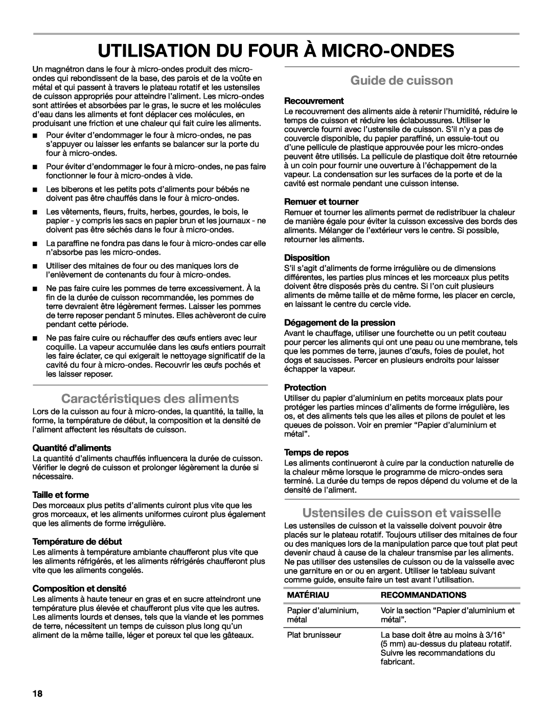 Whirlpool WMC10007 manual Utilisation Du Four À Micro-Ondes, Caractéristiques des aliments, Guide de cuisson 
