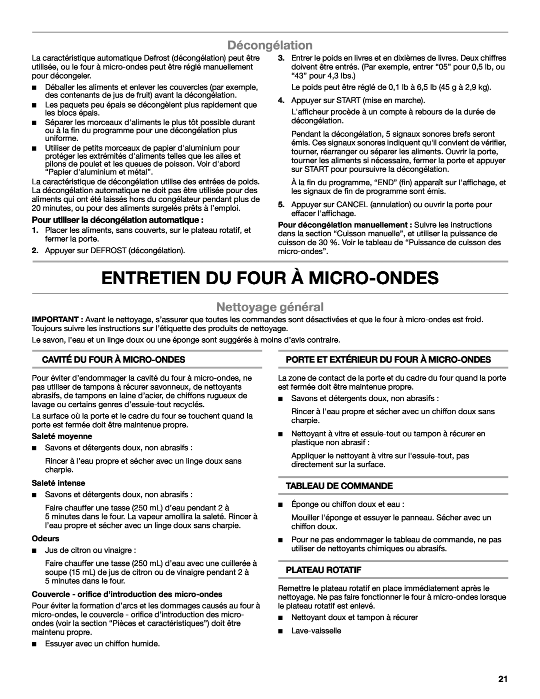 Whirlpool WMC10007 manual Entretien Du Four À Micro-Ondes, Décongélation, Nettoyage général 