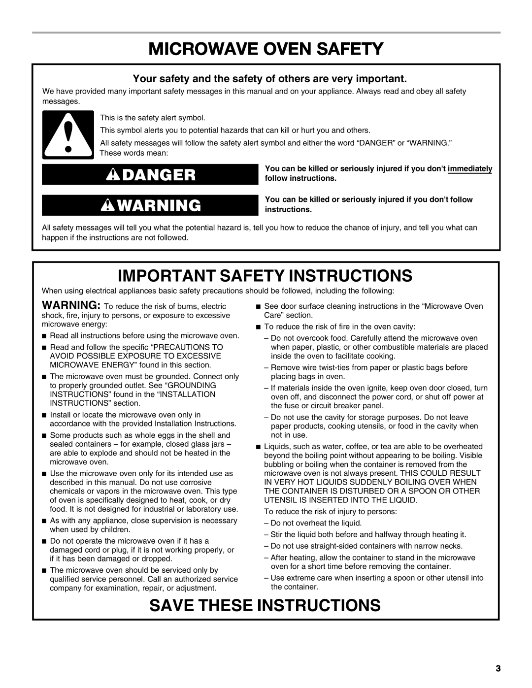 Whirlpool WMC10007 manual Microwave Oven Safety, Important Safety Instructions, Save These Instructions, Danger 