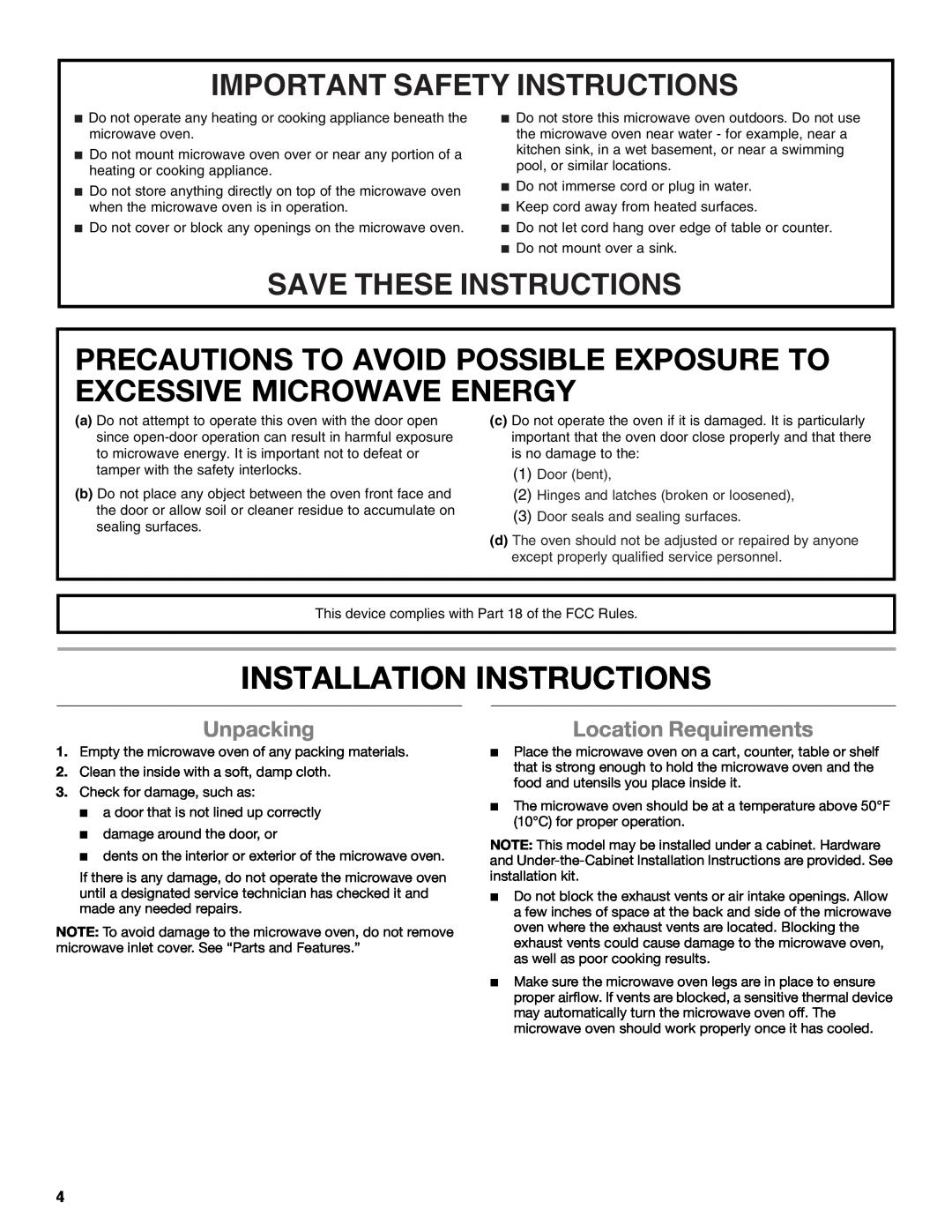 Whirlpool WMC10007 manual Installation Instructions, Precautions To Avoid Possible Exposure To Excessive Microwave Energy 