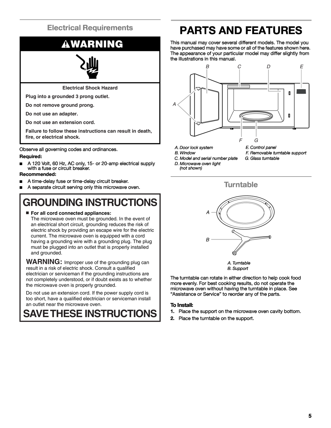 Whirlpool WMC10007 Parts And Features, Grounding Instructions, Savethese Instructions, Electrical Requirements, Turntable 