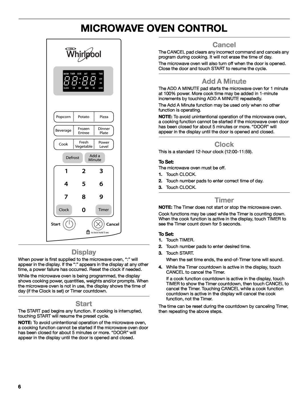 Whirlpool WMC10007 manual Microwave Oven Control, Cancel, Add A Minute, Clock, Timer, Display, Start 