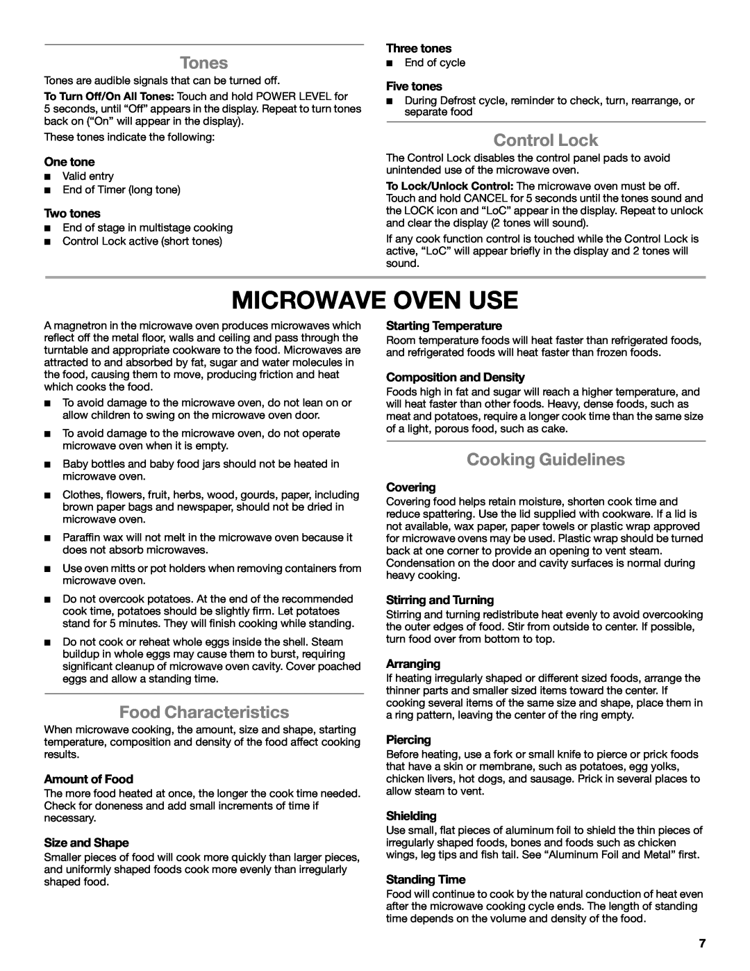 Whirlpool WMC10007 manual Microwave Oven Use, Tones, Control Lock, Food Characteristics, Cooking Guidelines 