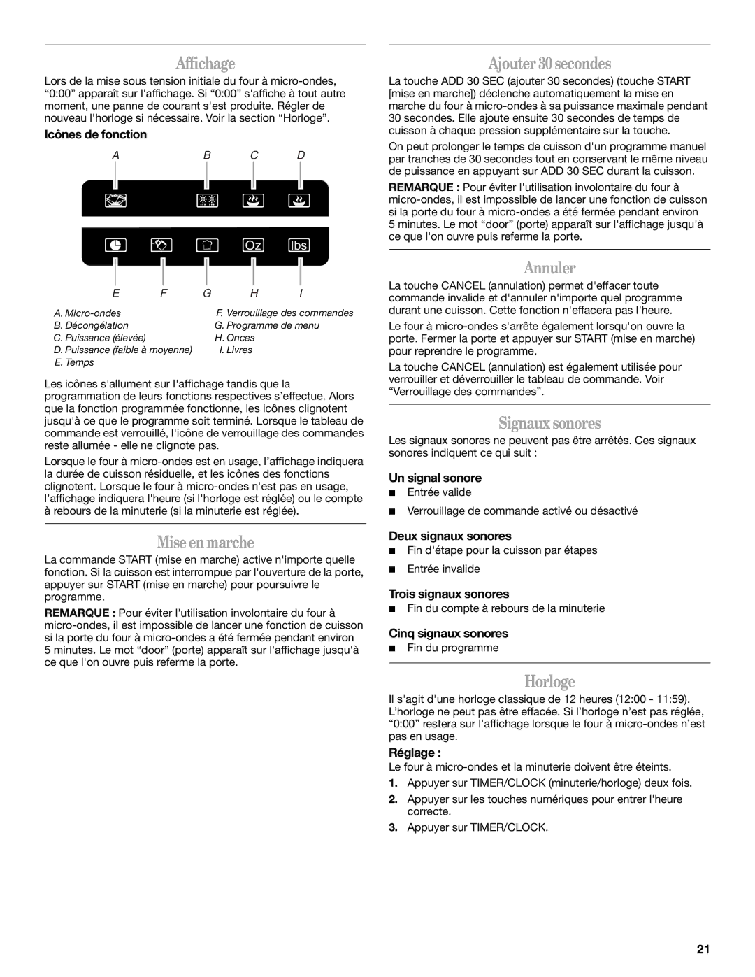 Whirlpool WMC10511AB manual Affichage, Ajouter 30 secondes, Annuler, Signaux sonores, Mise en marche, Horloge 