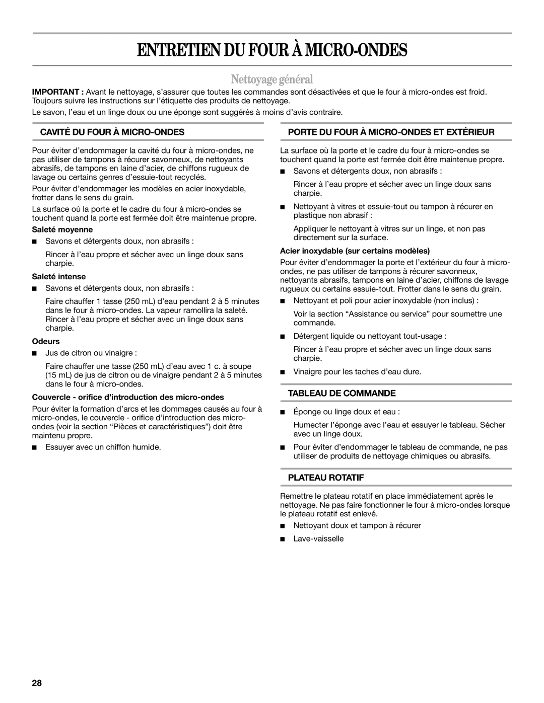 Whirlpool WMC10511AB manual Entretien DU Four À MICRO-ONDES, Nettoyage général 