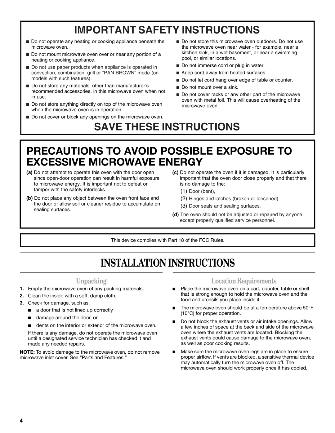 Whirlpool WMC10511AB manual Installation Instructions, Unpacking, Location Requirements 