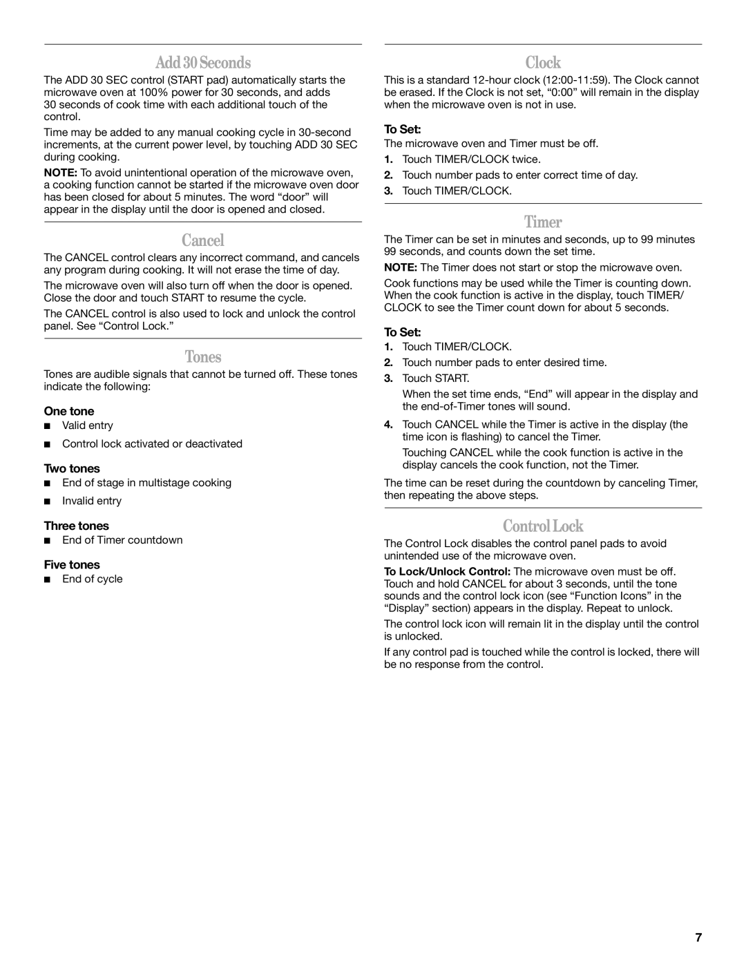 Whirlpool WMC10511AB manual Add 30 Seconds, Cancel, Tones, Clock, Timer, Control Lock 