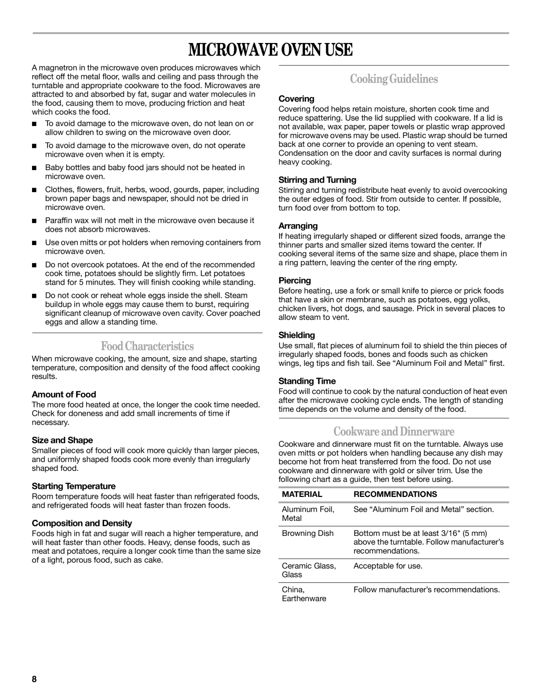 Whirlpool WMC10511AB manual Microwave Oven USE, Food Characteristics, Cooking Guidelines, Cookware and Dinnerware 