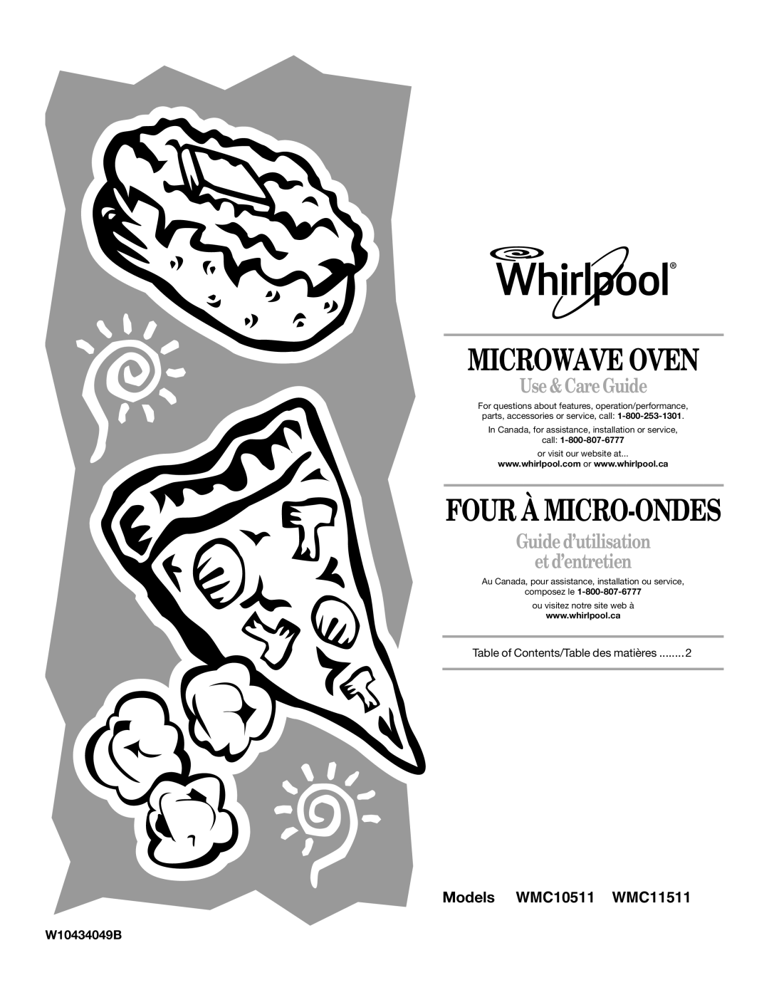 Whirlpool WMC10511AB manual Models WMC10511 WMC11511, W10434049B, Microwave Oven, Four À Micro-Ondes, Use & Care Guide 