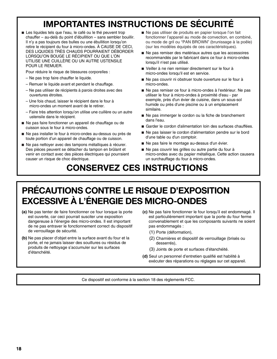 Whirlpool WMC10511AB manual Importantes Instructions De Sécurité, Conservez Ces Instructions 