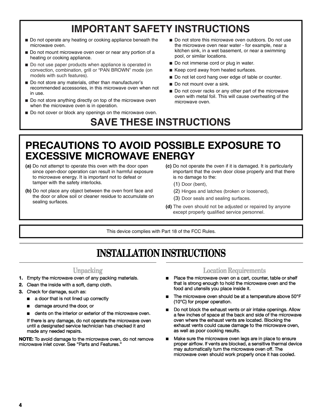 Whirlpool WMC10511AB manual Installation Instructions, Unpacking, Location Requirements, Important Safety Instructions 