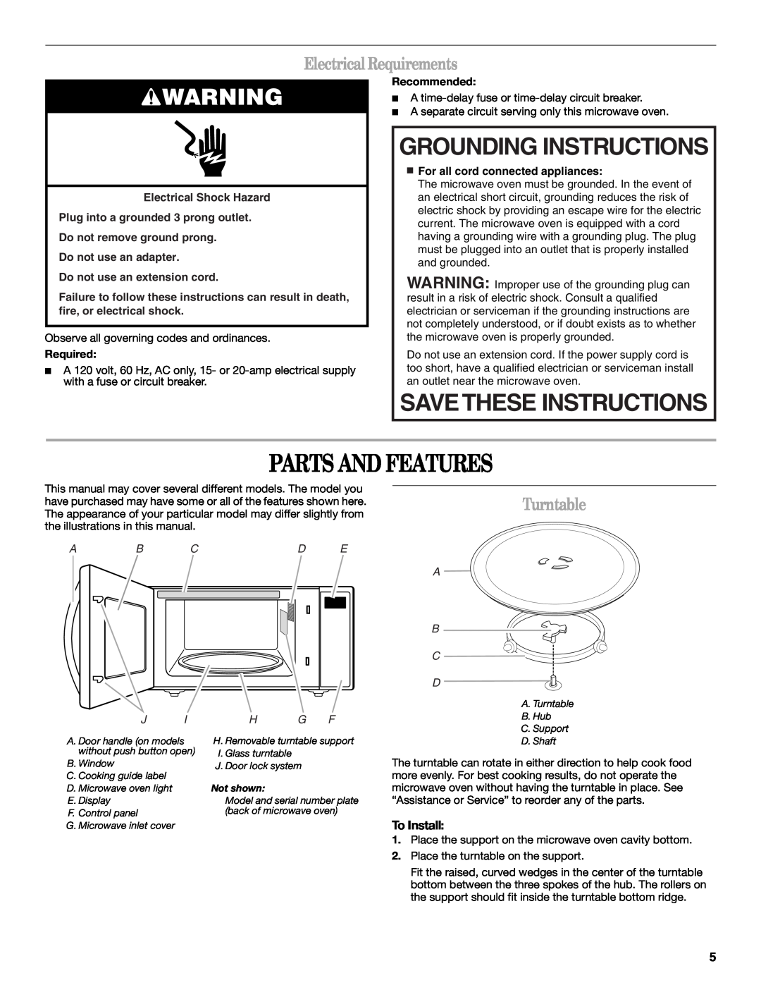 Whirlpool WMC10511AB Parts And Features, Grounding Instructions, Savethese Instructions, Electrical Requirements, Required 