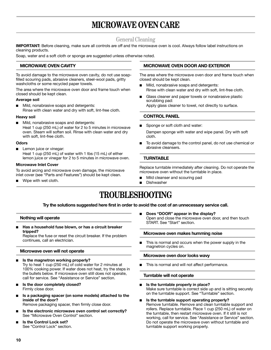 Whirlpool WMC1070 manual Microwave Oven Care, Troubleshooting, GeneralCleaning 