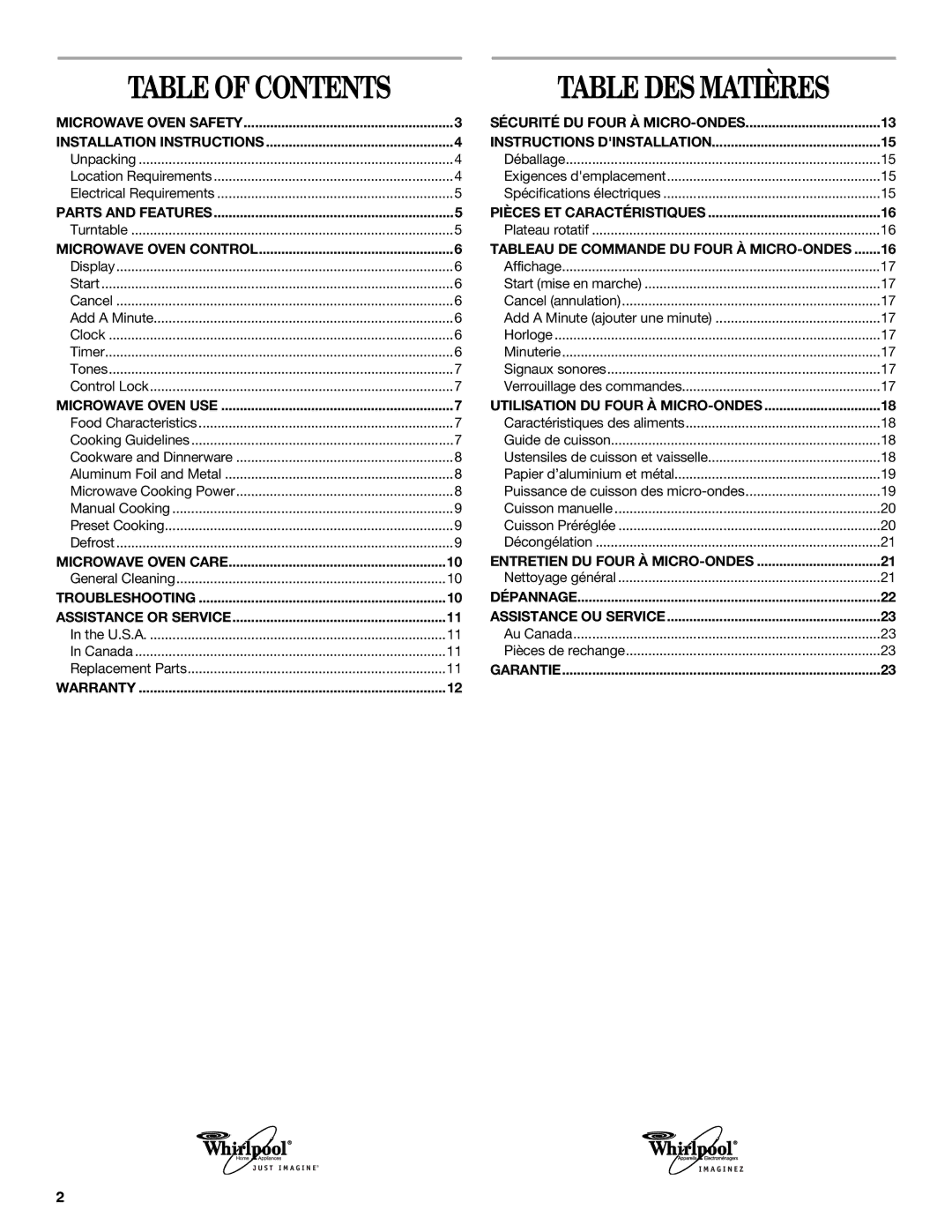 Whirlpool WMC1070 manual Table DES Matières, Parts and Features Pièces ET Caractéristiques, Garantie Warranty 