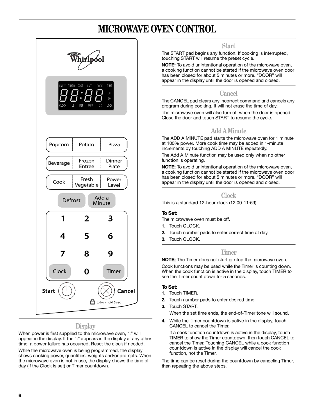 Whirlpool WMC1070 manual Microwave Oven Control 