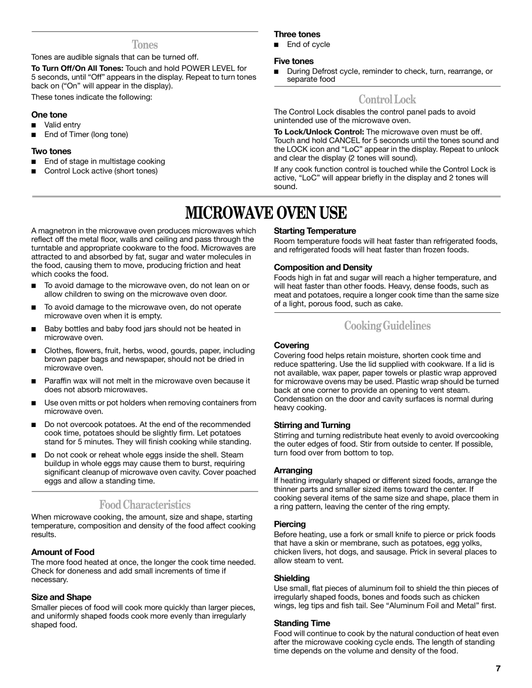 Whirlpool WMC1070 manual Microwave Oven USE, Tones, ControlLock, FoodCharacteristics, CookingGuidelines 