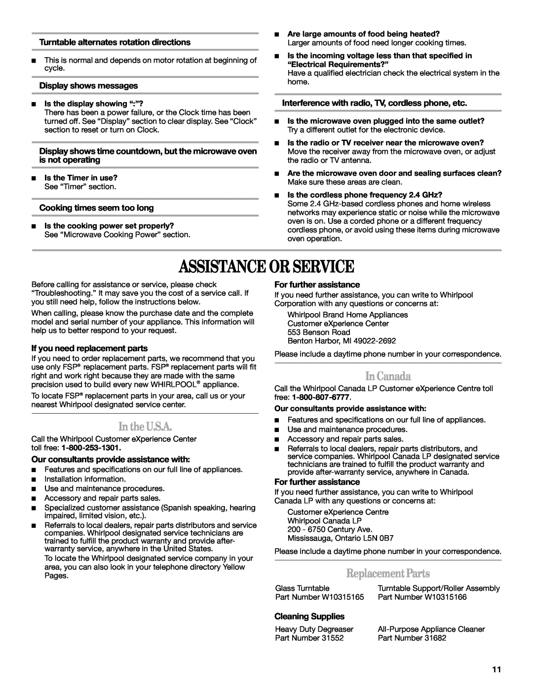Whirlpool WMC1070 manual Assistance Or Service, IntheU.S.A, InCanada, ReplacementParts 