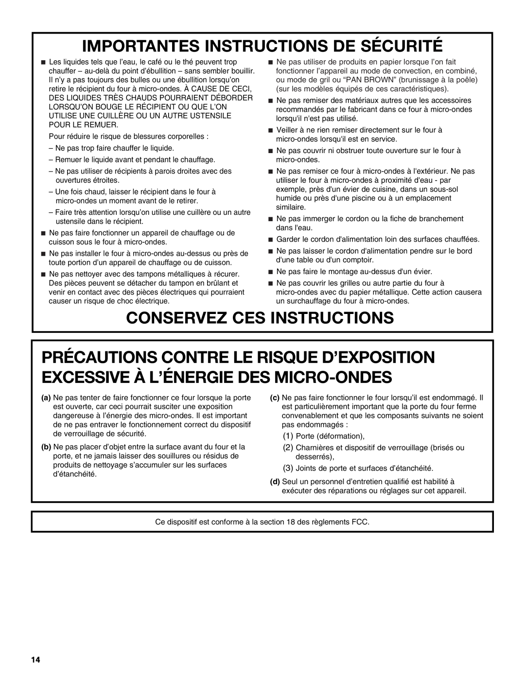 Whirlpool WMC1070 manual Importantes Instructions De Sécurité, Conservez Ces Instructions 