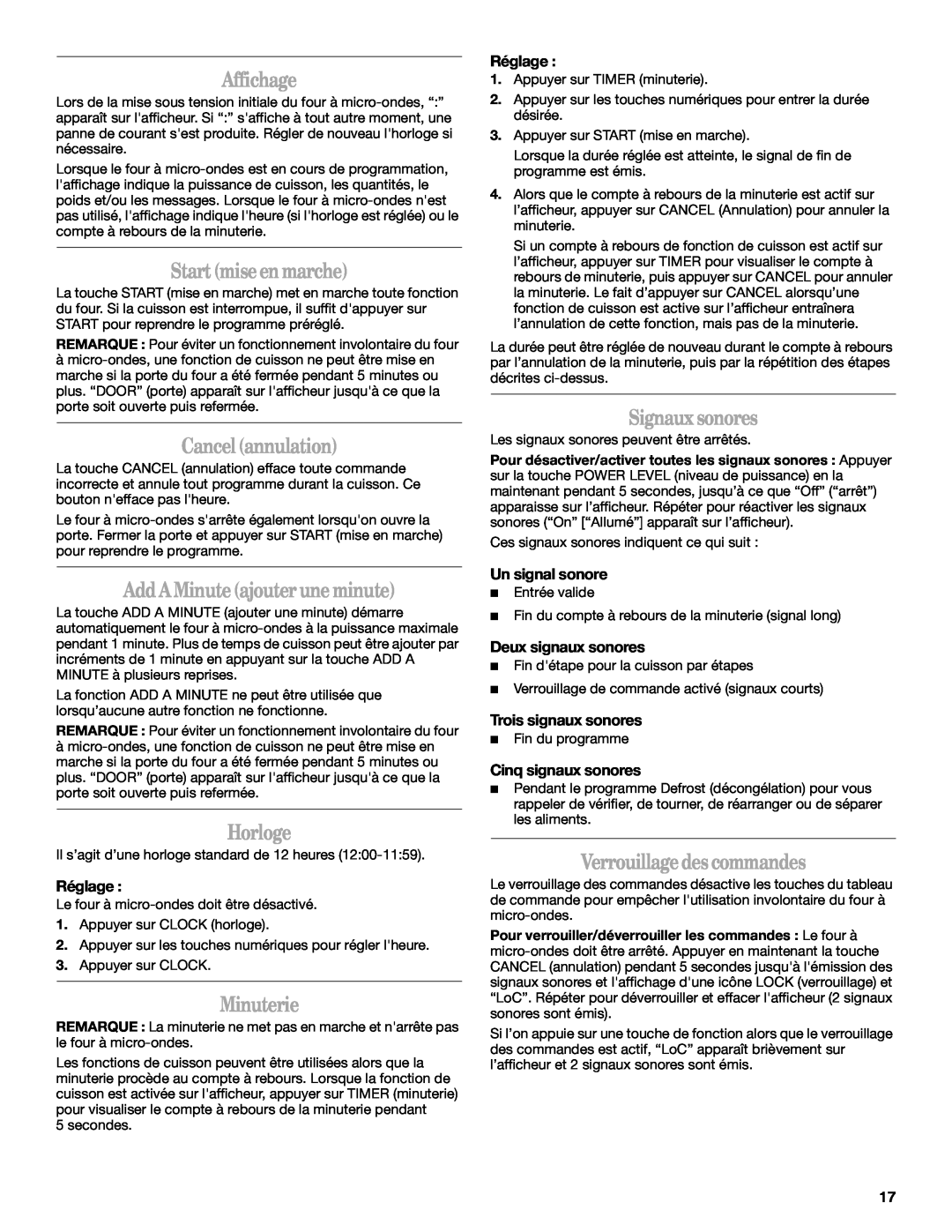 Whirlpool WMC1070 manual Affichage, Startmiseenmarche, Cancelannulation, AddAMinuteajouteruneminute, Horloge, Minuterie 