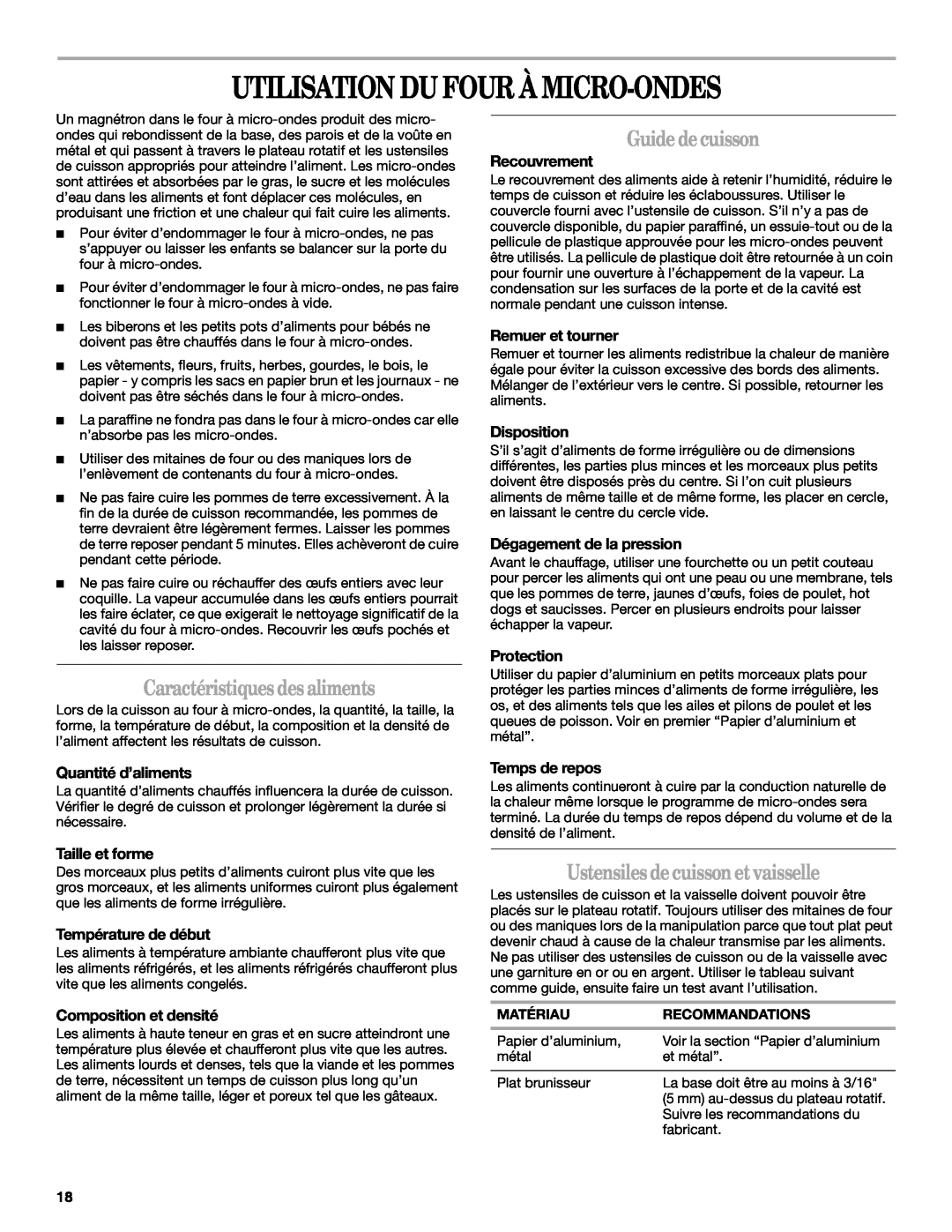 Whirlpool WMC1070 manual Utilisation Du Four À Micro-Ondes, Caractéristiquesdesaliments, Guidedecuisson 