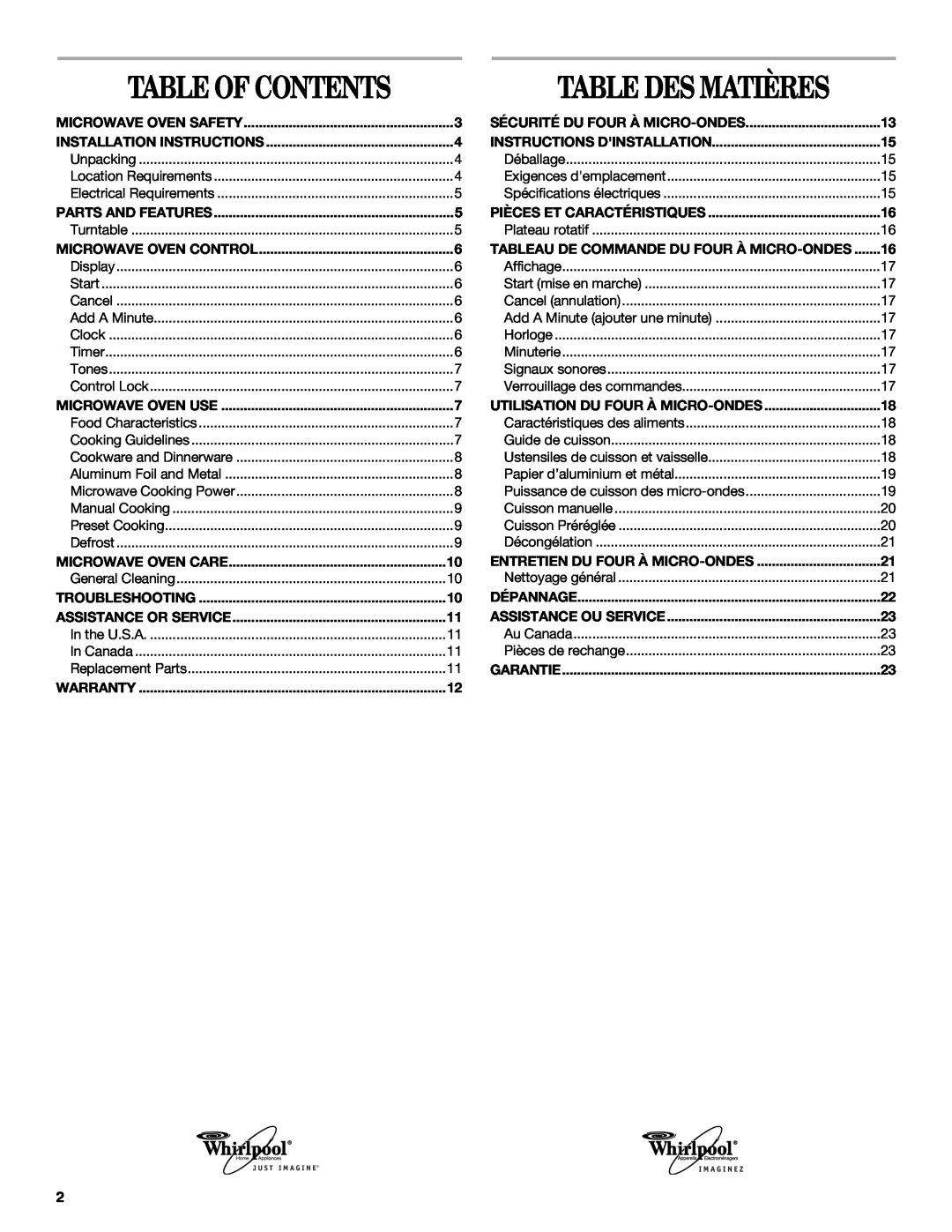 Whirlpool WMC1070 manual Table Des Matières, Table Of Contents 
