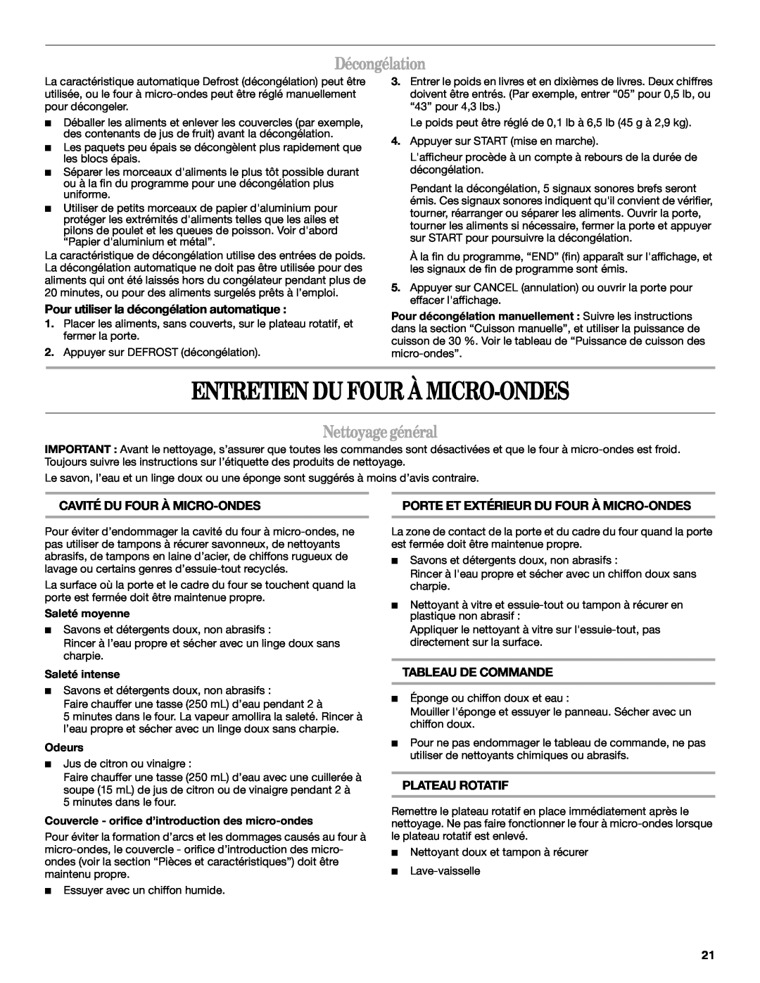 Whirlpool WMC1070 manual Entretien Du Four À Micro-Ondes, Décongélation, Nettoyagegénéral 