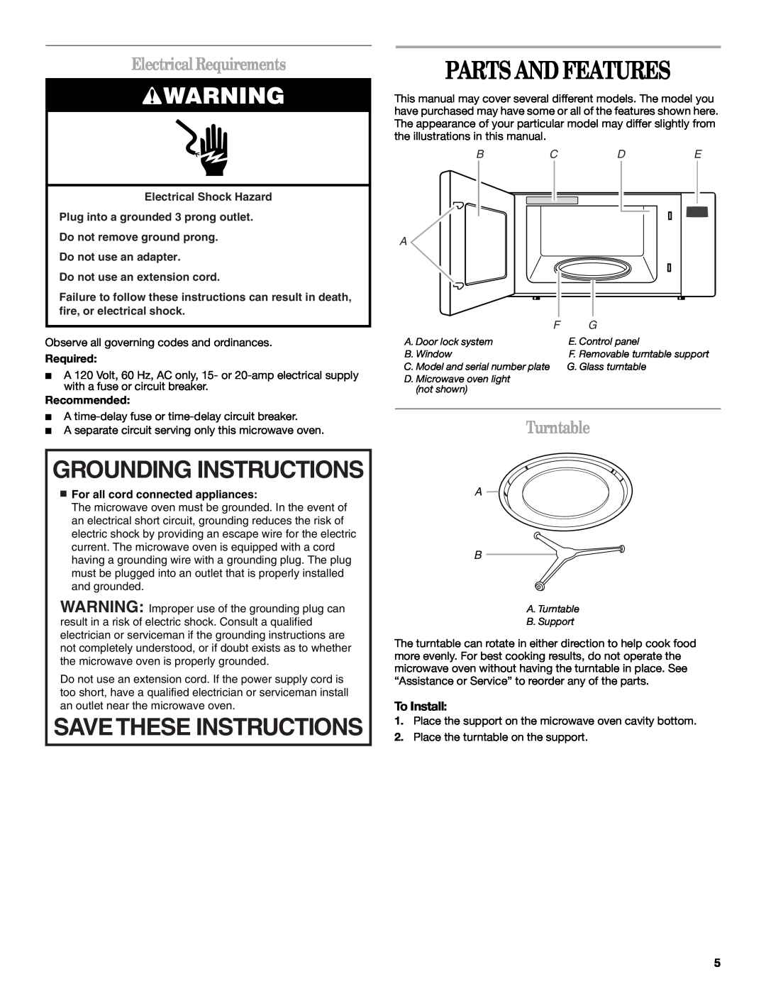 Whirlpool WMC1070 Parts And Features, Grounding Instructions, ElectricalRequirements, Turntable, Save These Instructions 