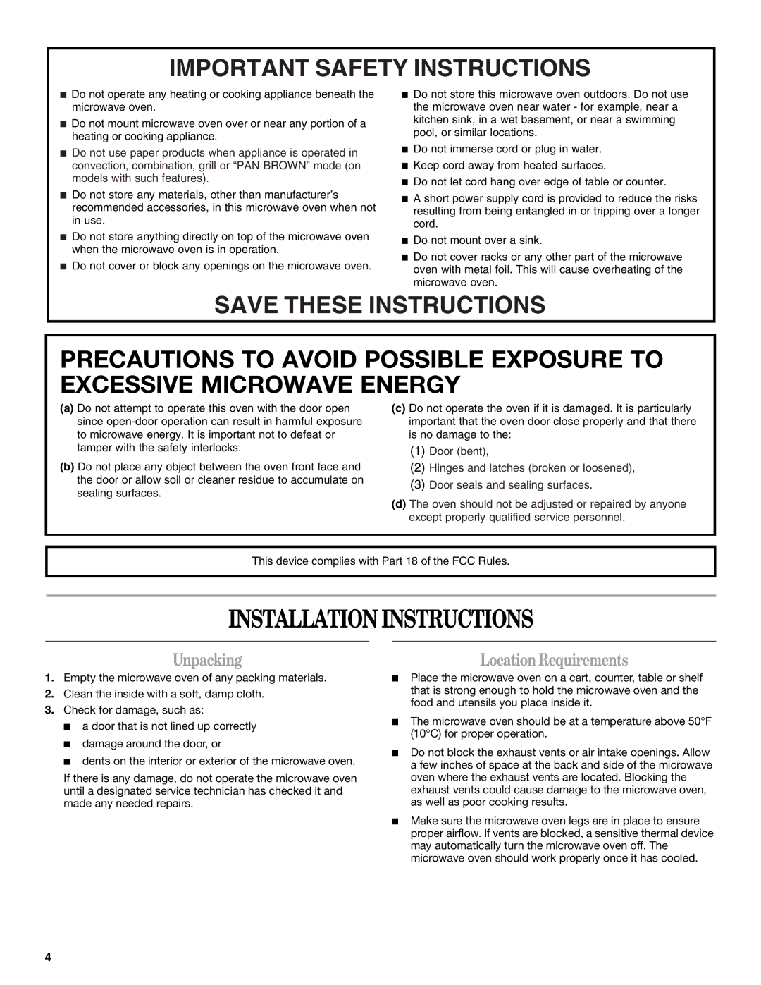 Whirlpool WMC20005YD manual Installation Instructions, Unpacking, Location Requirements 