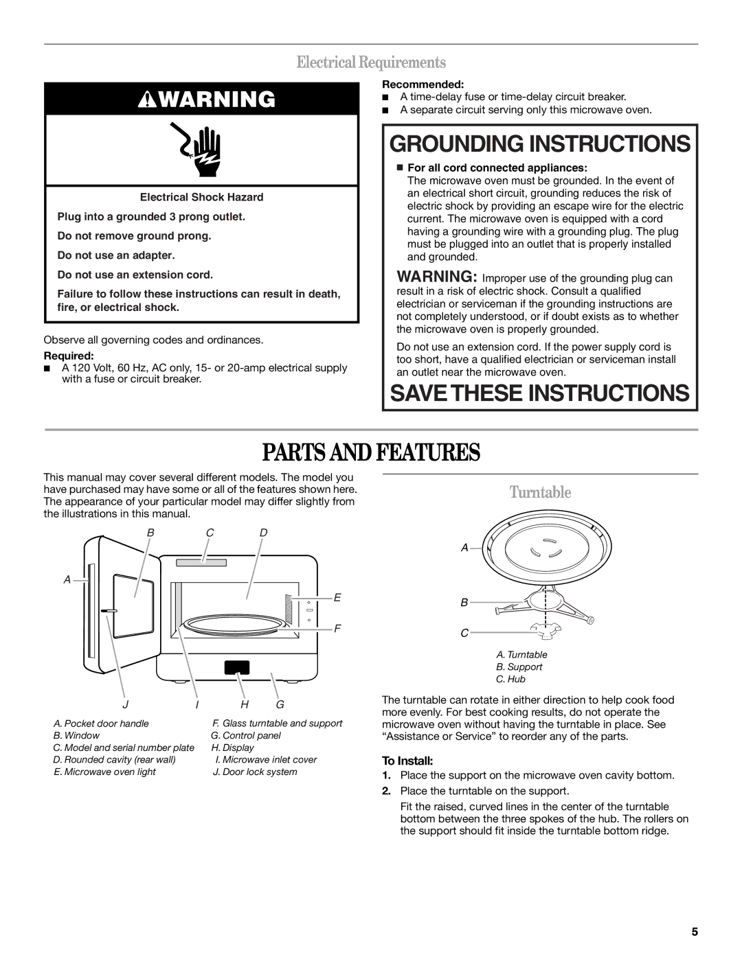 Whirlpool WMC20005YD manual Parts and Features, Electrical Requirements, Turntable, To Install 