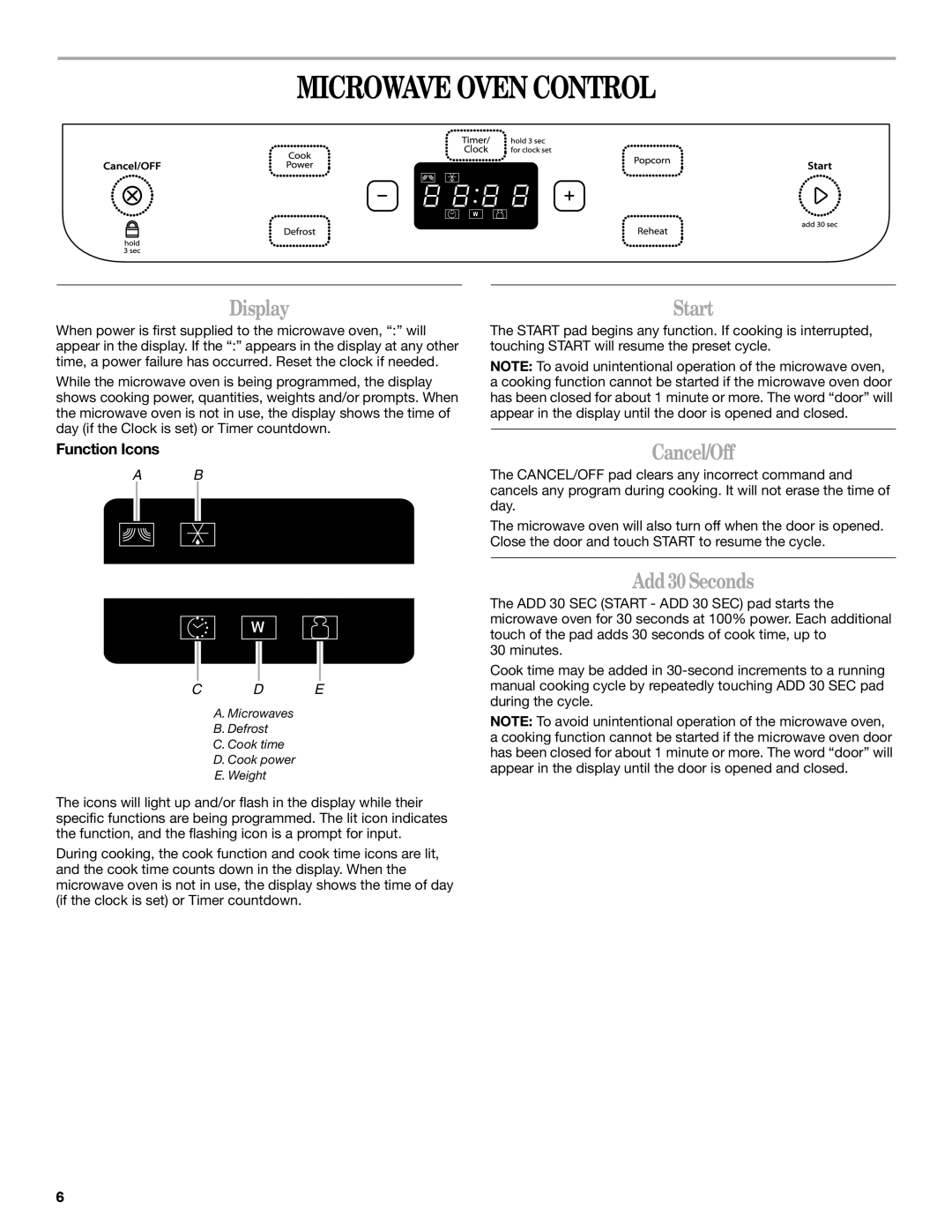 Whirlpool WMC20005YD manual Microwave Oven Control, Display, Cancel/Off, Add 30 Seconds, Function Icons 