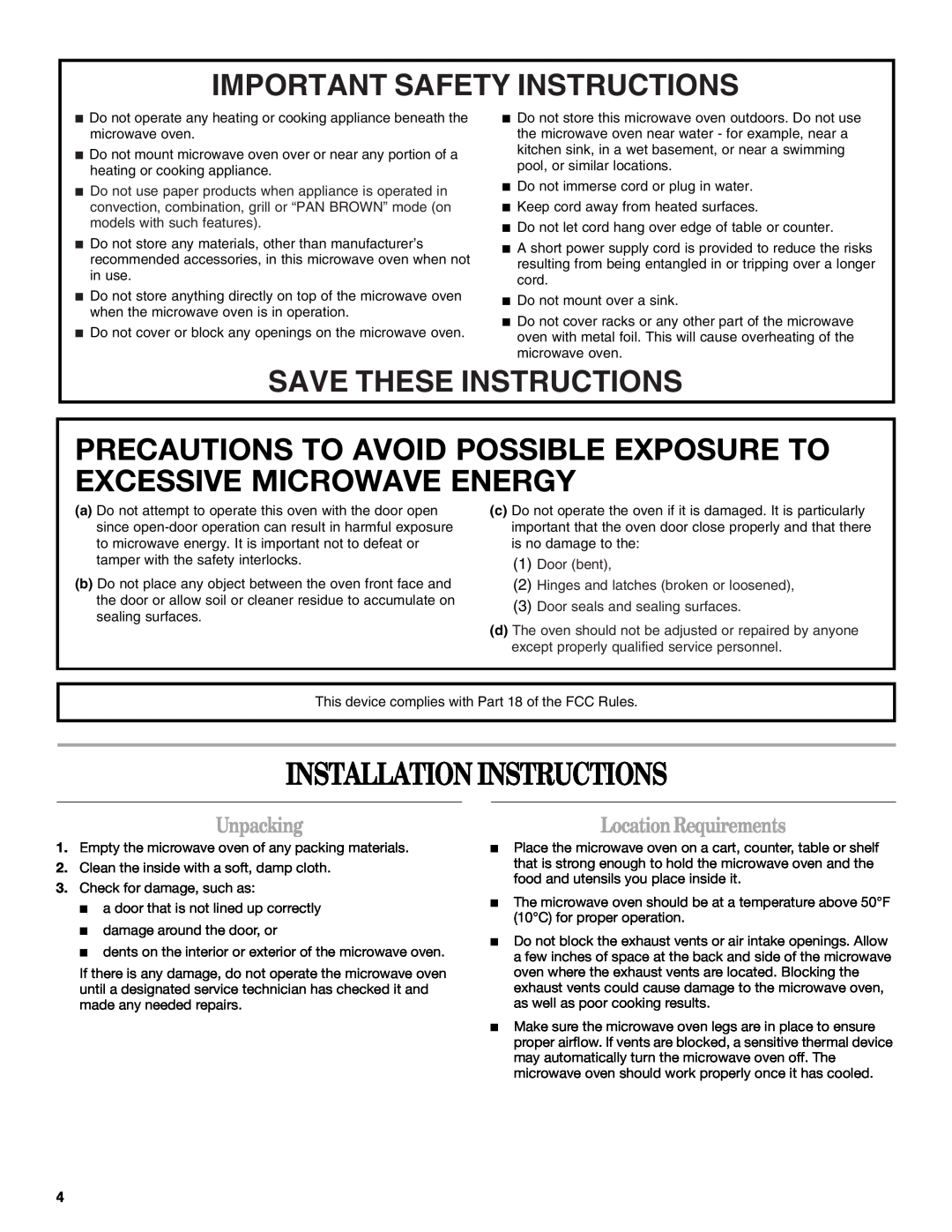 Whirlpool WMC20005YD manual Installation Instructions, Unpacking, Location Requirements, Important Safety Instructions 