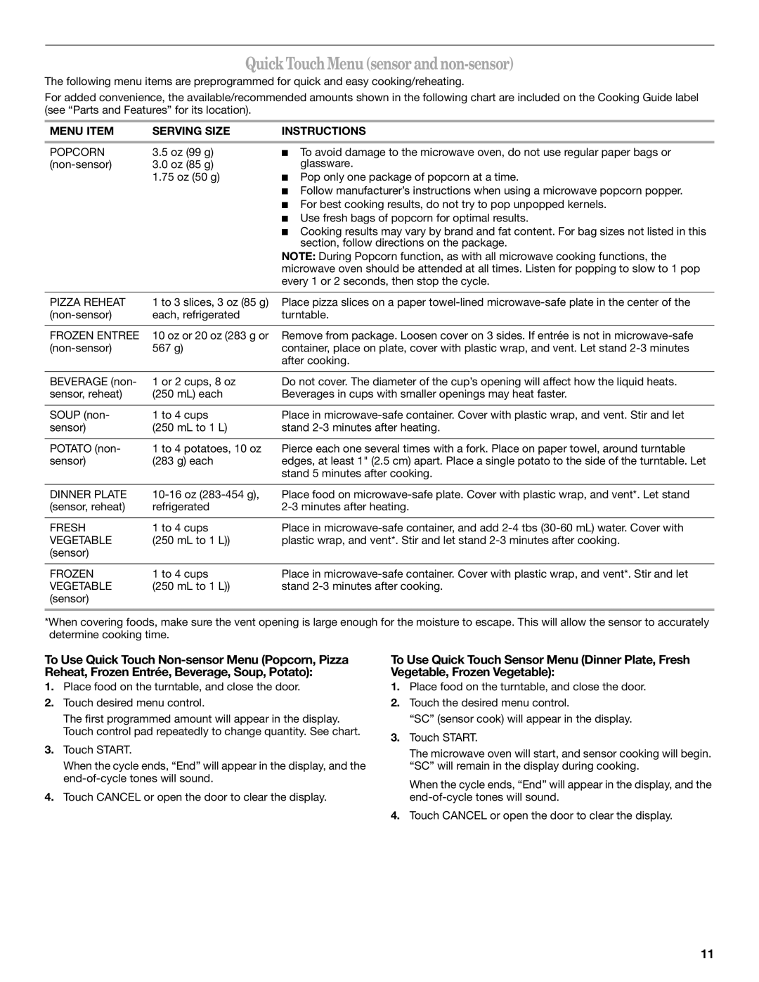 Whirlpool WMC30516AS manual Quick Touch Menu sensor and non-sensor, Menu Item Serving Size Instructions 