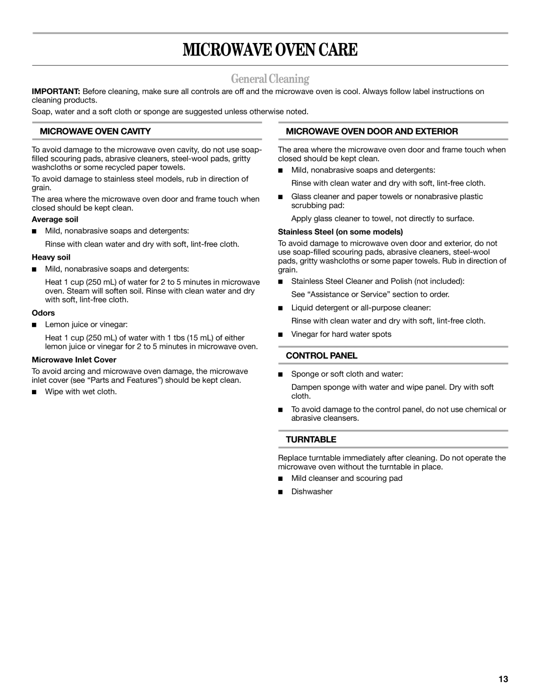 Whirlpool WMC30516AS manual Microwave Oven Care, General Cleaning 