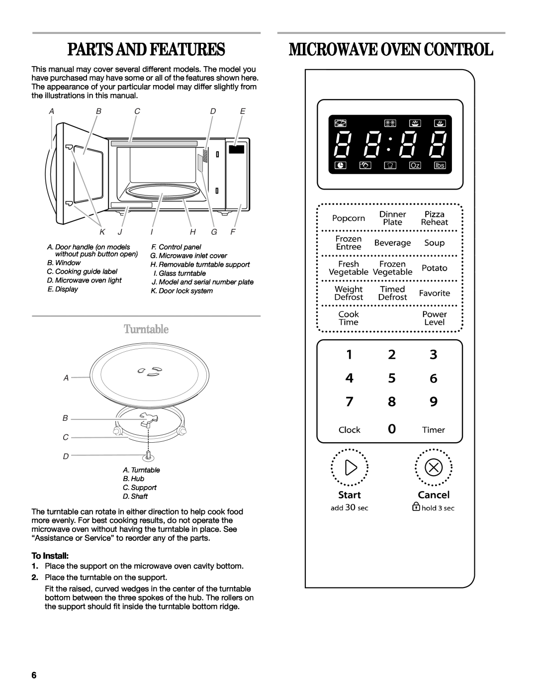 Whirlpool WMC30516AS manual Parts And Features, Microwave Oven Control, Turntable, Ab Cd E, I H G F, A B C D 