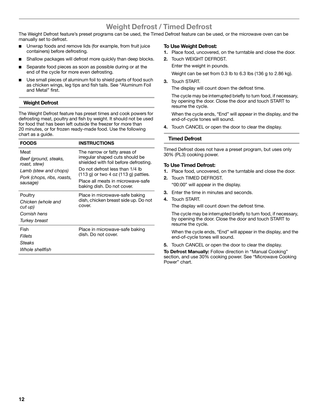 Whirlpool WMC50522 manual Weight Defrost / Timed Defrost, To Use Weight Defrost, To Use Timed Defrost 