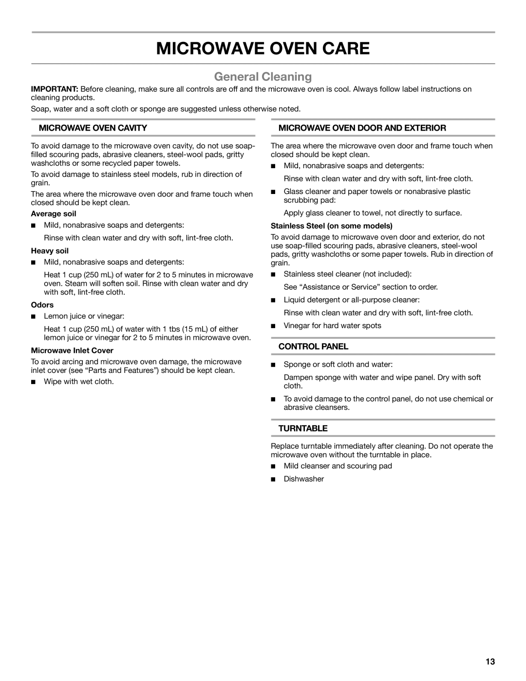 Whirlpool WMC50522 manual Microwave Oven Care, General Cleaning 