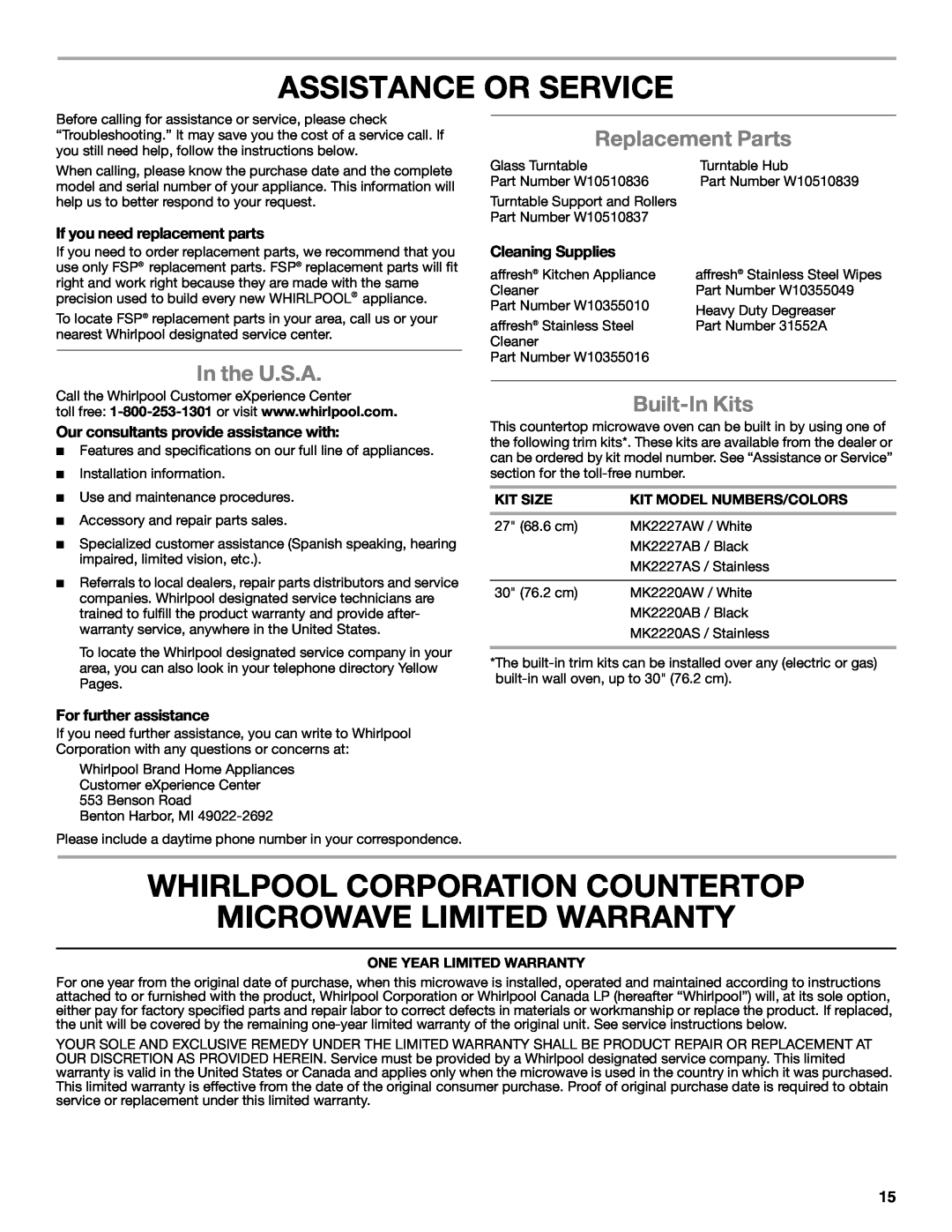 Whirlpool WMC50522 manual Assistance Or Service, Whirlpool Corporation Countertop Microwave Limited Warranty, In the U.S.A 