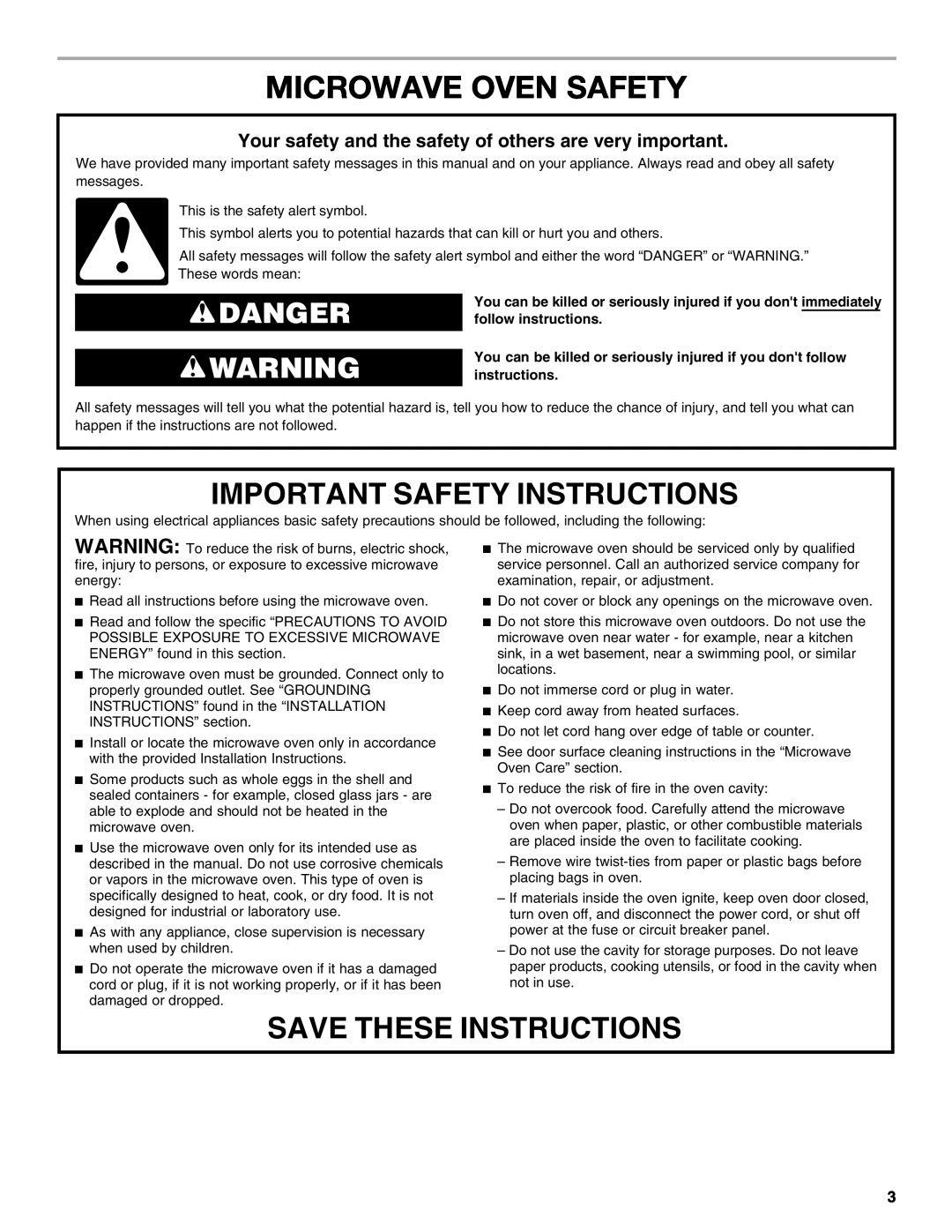 Whirlpool WMC50522 manual Microwave Oven Safety, Important Safety Instructions, Save These Instructions, Danger 